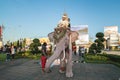 The elephant and Thai people who wearing Thai traditional style dress in parade for promoted 46th Thailand National Games.